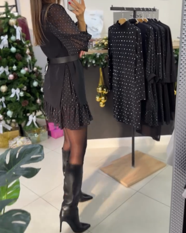 Serena | Abito Nero Elegante con Maniche Trasparenti e Cintura Gioiello